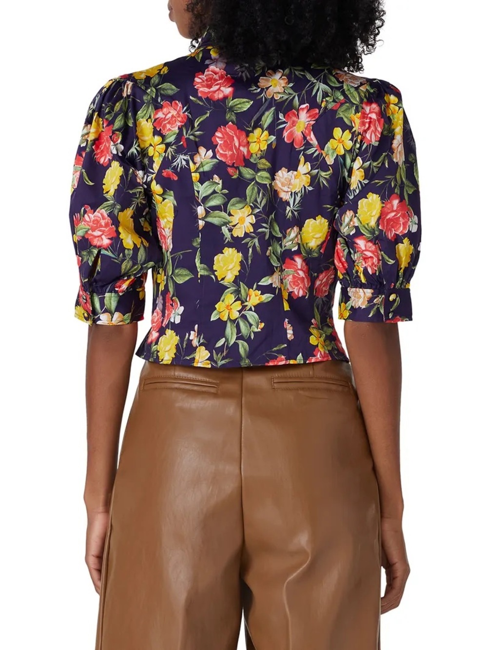 Marissa Webb Navy Floral Button-Front Blouse with Mandarin Collar - Picture 2 of 9